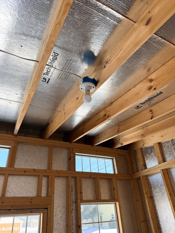 10x16 Modern Shed interior light fixture and insulated roof system with electrical package in Bowie Texas