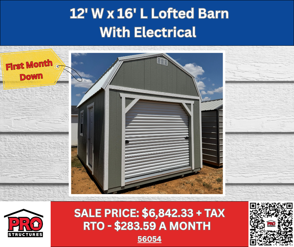 12x16 Lofted Barn Shed with Electrical & Roll-Up Door for Sale in Texas | ProStructures