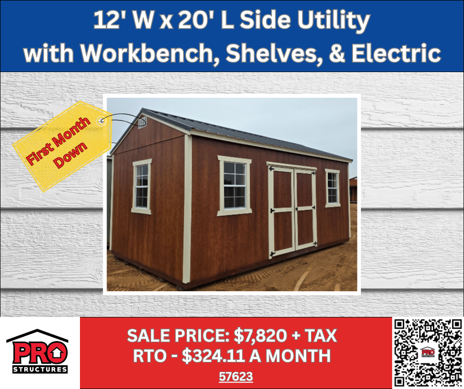 12x20 Side Utility Shed with Workbench, Shelves & Electrical for Sale in Texas | Portable Workshop | ProStructures