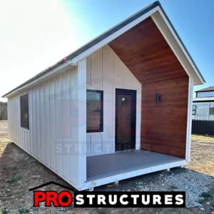 12x28 Cambridge Dormer portable cabin for sale in Granbury TX with covered porch and modern tiny home style design