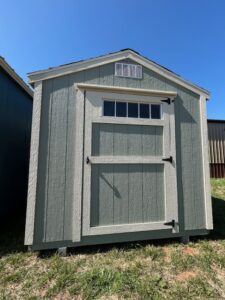 8x10 A-Frame shed for sale in Granbury TX with transom window and metal roof